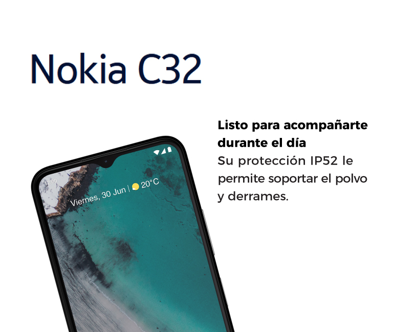 Nokia C32. Su protección IP52 le permite soportar el polvo y derrames