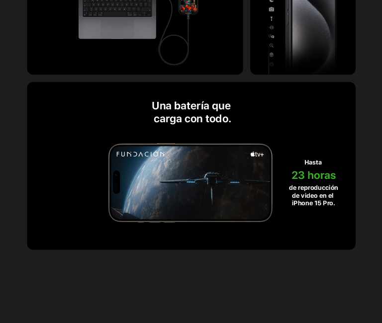 iPhone 15 Pro Titanio con una batería que reproduce video hasta por 23 horas