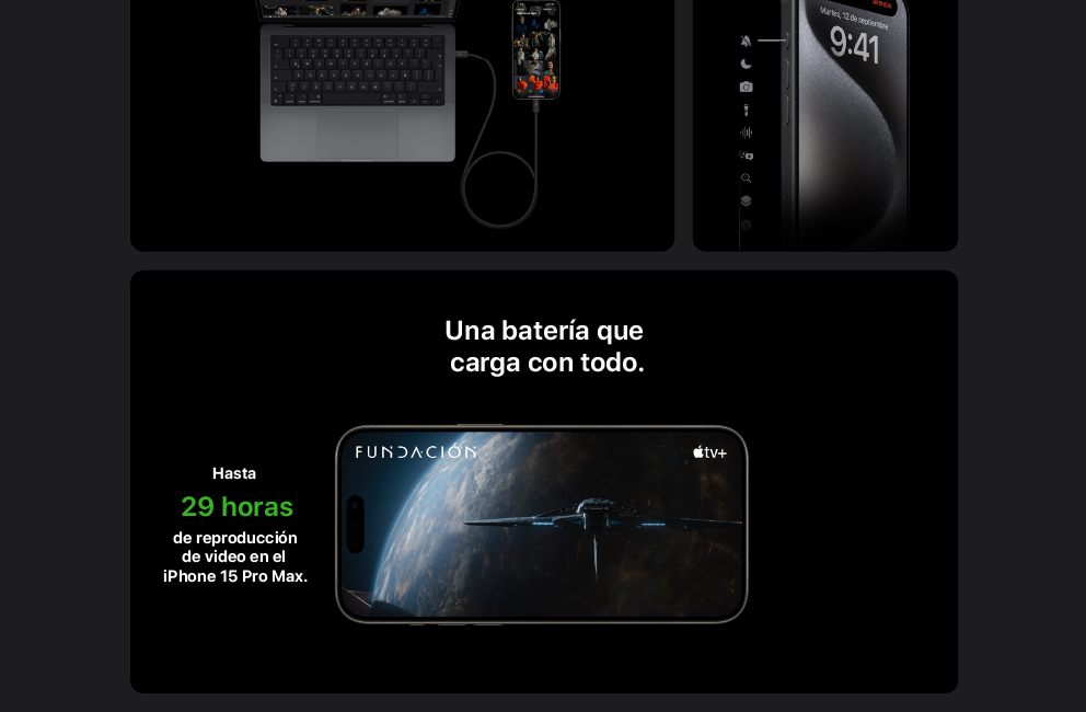 iPhone 15 Pro Max Titanio con una batería que reproduce video hasta por 29 horas