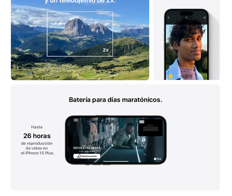 iPhone 15 Plus con cámara gran angular y batería para hasta 26 horas de reproducción de video