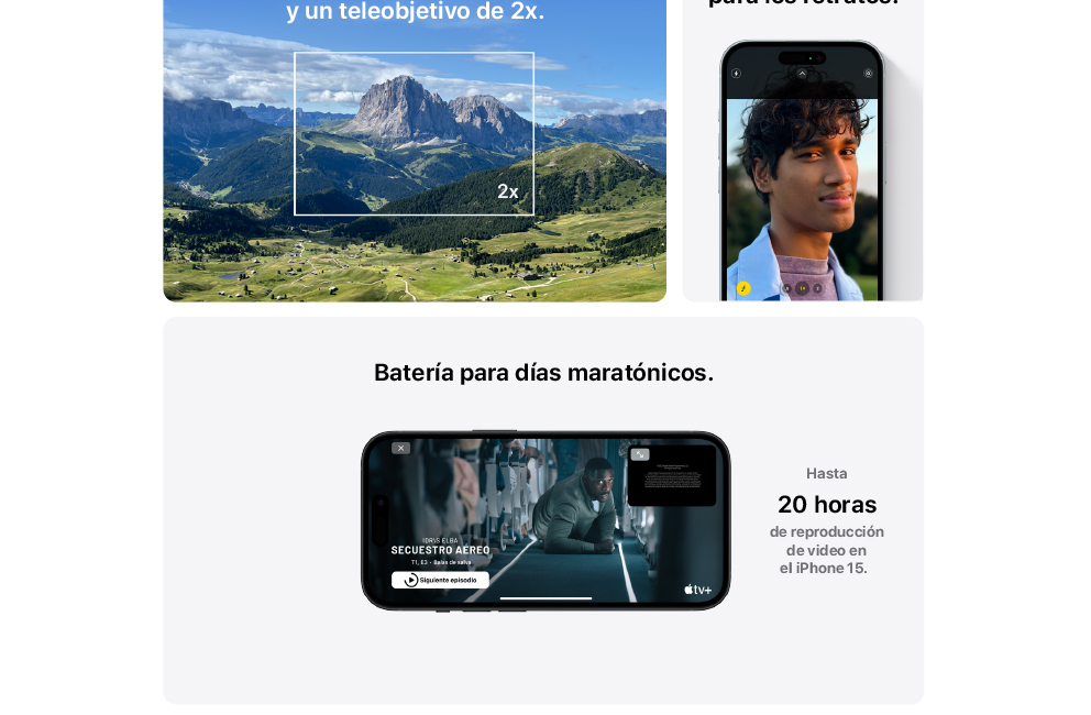 iPhone 15 con cámara gran angular y batería para hasta 20 horas de reproducción de video