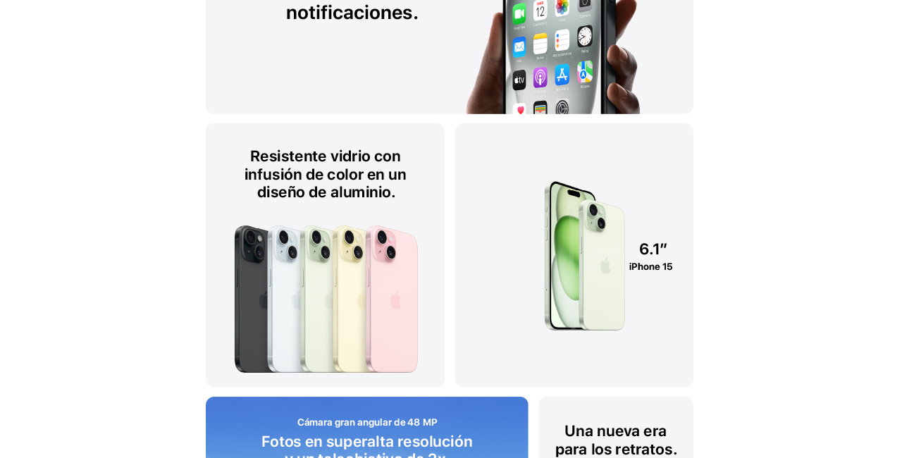 iPhone 15 con vidrio resistente y pantalla de 6,1 pulgadas