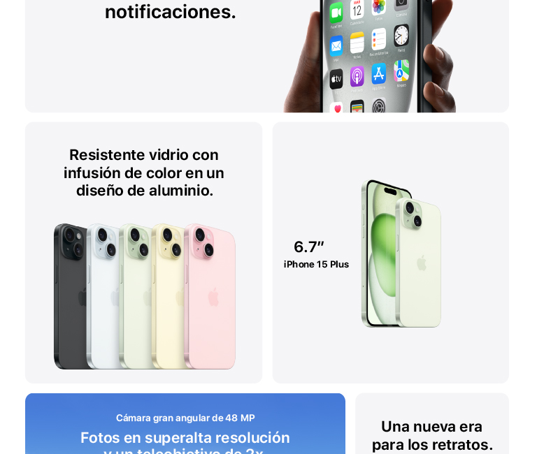 iPhone 15 Plus con vidrio resistente y pantalla de 6,7 pulgadas