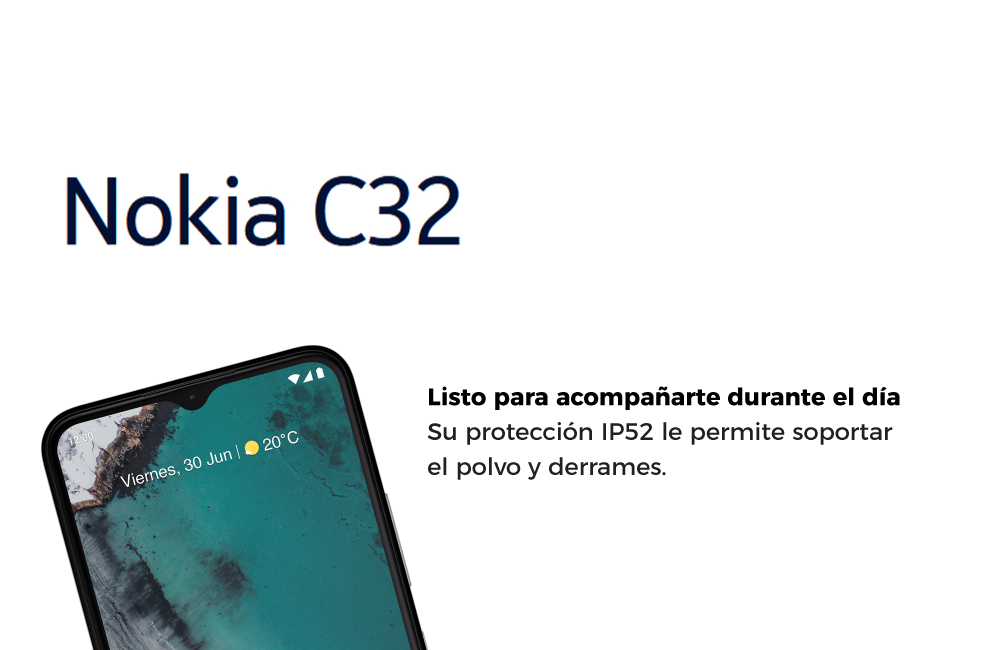 Nokia C32. Su protección IP52 le permite soportar el polvo y derrames