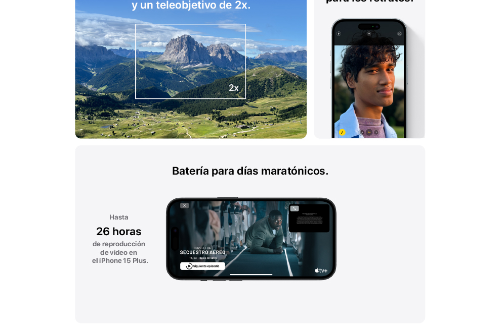 iPhone 15 Plus con cámara gran angular y batería para hasta 26 horas de reproducción de video