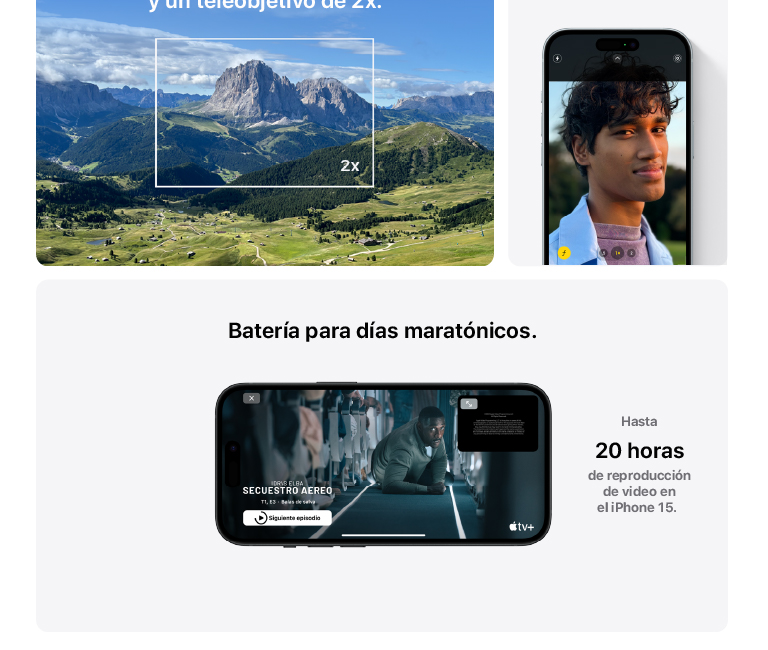 iPhone 15 con cámara gran angular y batería para hasta 20 horas de reproducción de video