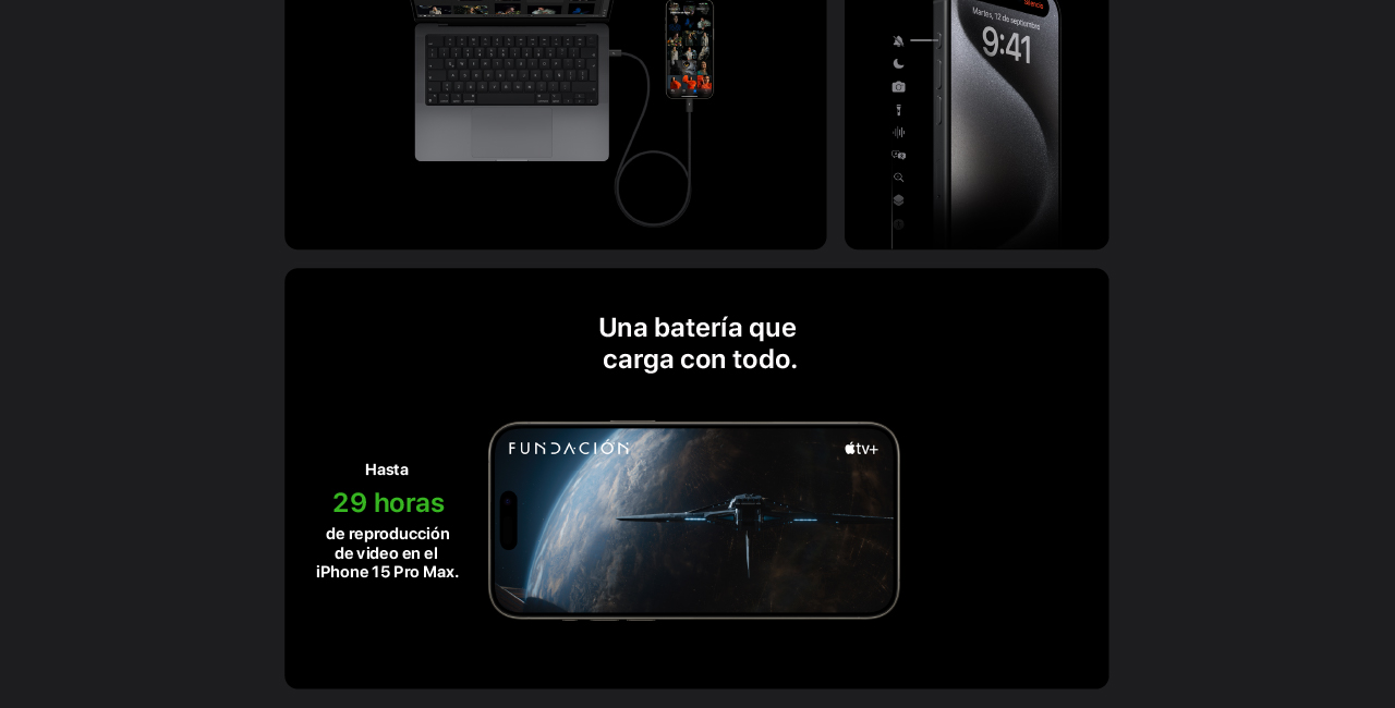 iPhone 15 Pro Max Titanio con una batería que reproduce video hasta por 29 horas