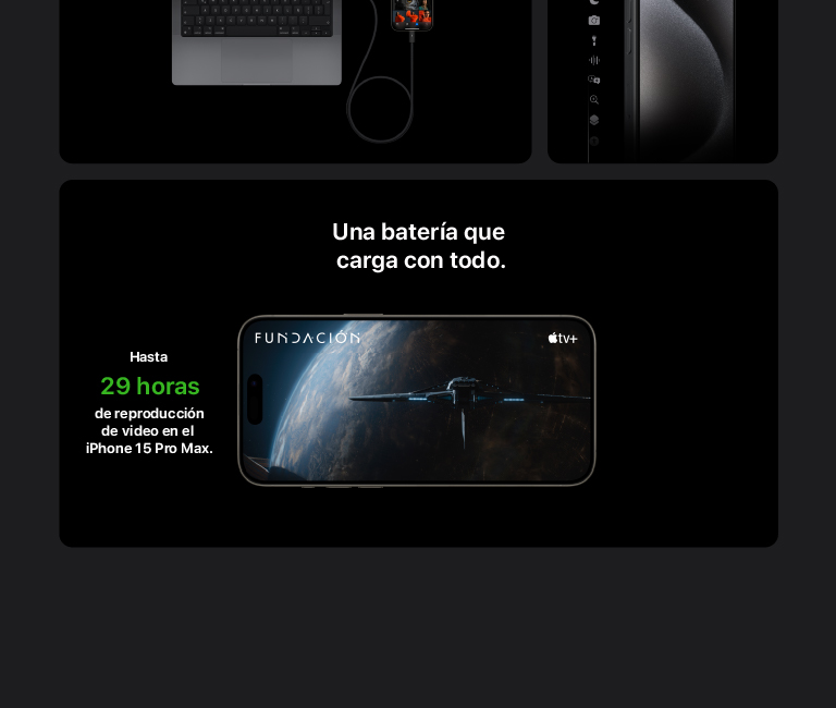 iPhone 15 Pro Max Titanio con una batería que reproduce video hasta por 29 horas