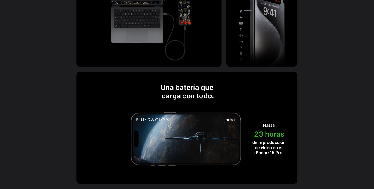 iPhone 15 Pro Titanio con una batería que reproduce video hasta por 23 horas